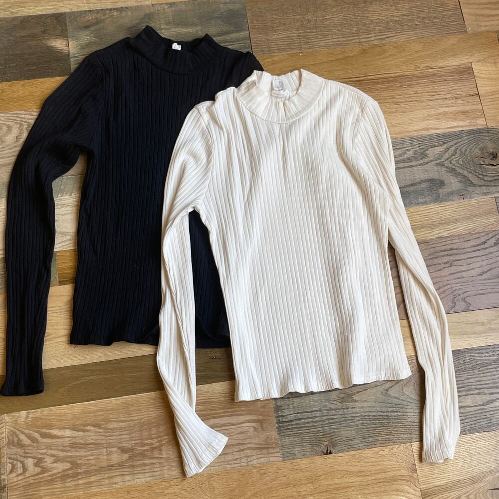 Full Tilt Womens XL Ribbed Mock Neck Long Sleeve Tops Lot 2 Black White